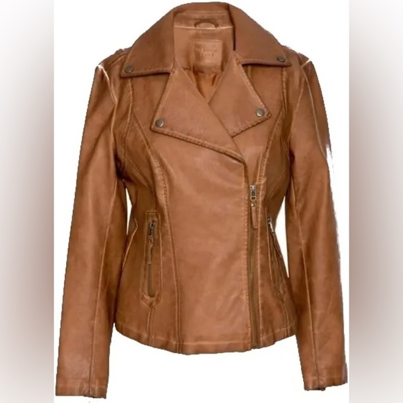 Max Studio Faux Leather Moto Jacket in Cognac - Picture 3 of 3